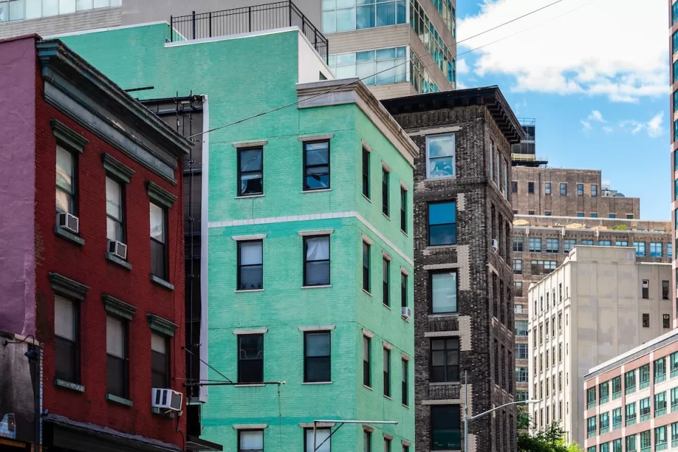 Colorful multistory apartment builfings in SoHo neighborhood of New York City.